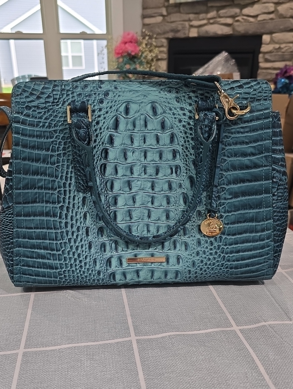 Brahmin Small Finley In Blue Patina Croc-Embossed Satchel with Gold Accents
